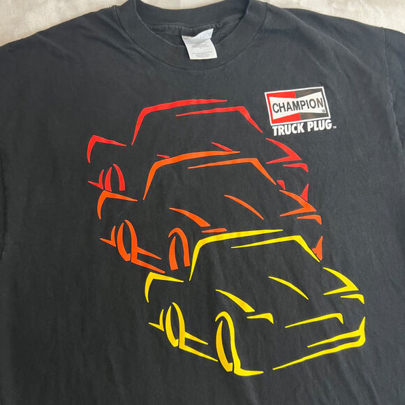 VTG Champion Truck Spark Plug Shirt Mens XL Black Auto Mechanic Car Hot Rod Logo - Picture 2 of 12